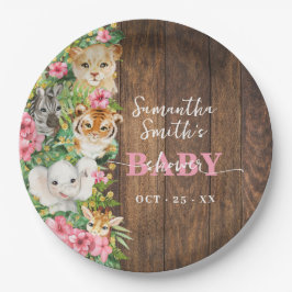Safari Animals Pink Rustic Baby Shower Pappteller