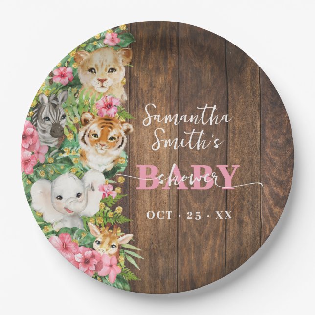 Safari Animals Pink Rustic Baby Shower  Pappteller (Vorderseite)