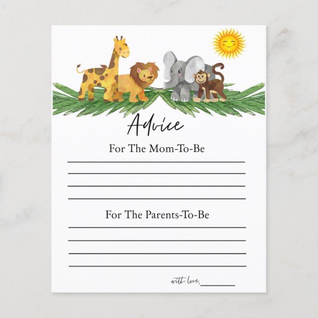 Safari Animals Ratschläge für Baby Shower Game (Vorderseite)
