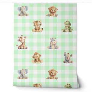 Safari Animals Toys Green Kariert Baby Kinderzimme Tapete
