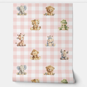 Safari Animals Toys Pink Kariert Baby Girl Kinderz Tapete