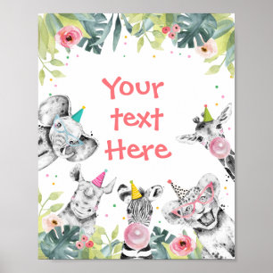 Safari Animals Wild Girl Birthday Party Table Sign Poster