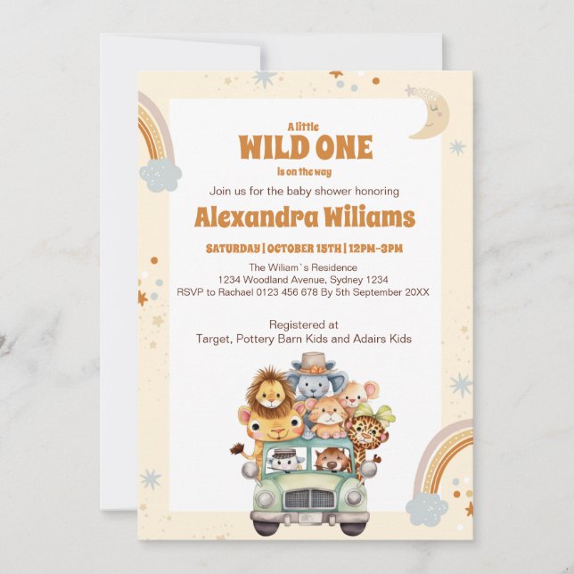 Safari Animals Wild One Baby Shower Einladung (Vorderseite)