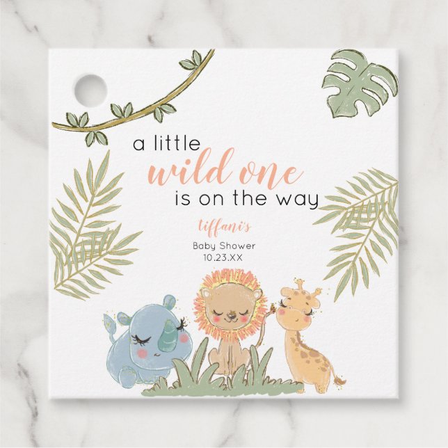 Safari Animals Wild One Girl Baby Shower Geschenkanhänger (Vorderseite)