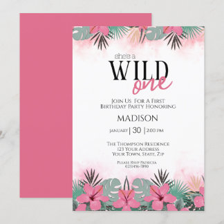 Safari Animals Wild One Girls erster Geburtstag Einladung