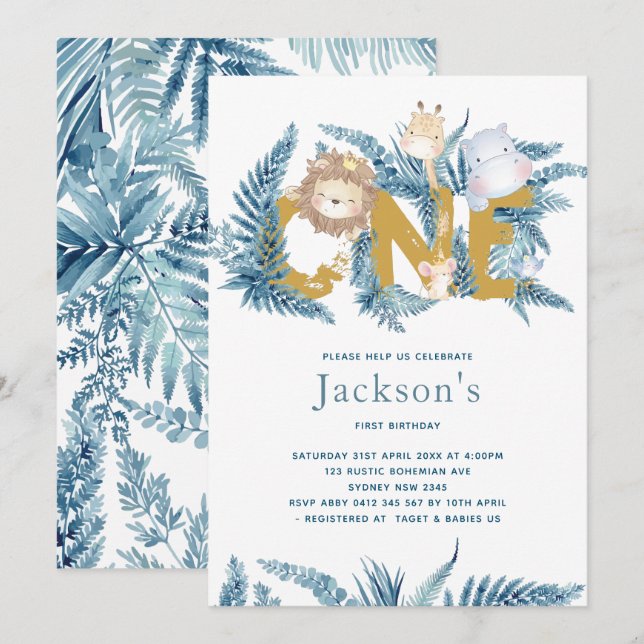 Safari Animals zum ersten Geburtstag Einladung (Vorne/Hinten)