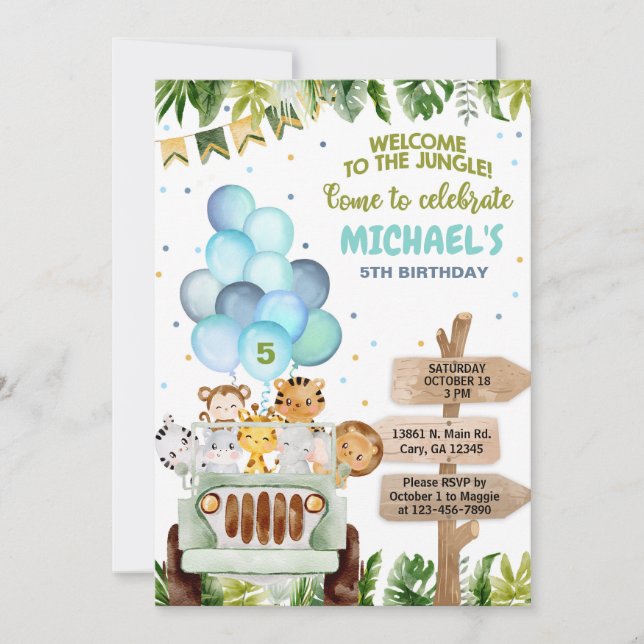 Safari Auto, Ballons, Dschungeltiere Junge Geburts Einladung (Vorderseite)
