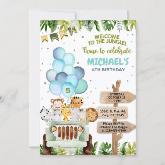 Safari Auto, Ballons, Dschungeltiere Junge Geburts Einladung