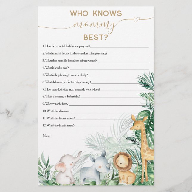 Safari Baby Animal Greenery Baby Shower Spiel (Vorderseite)