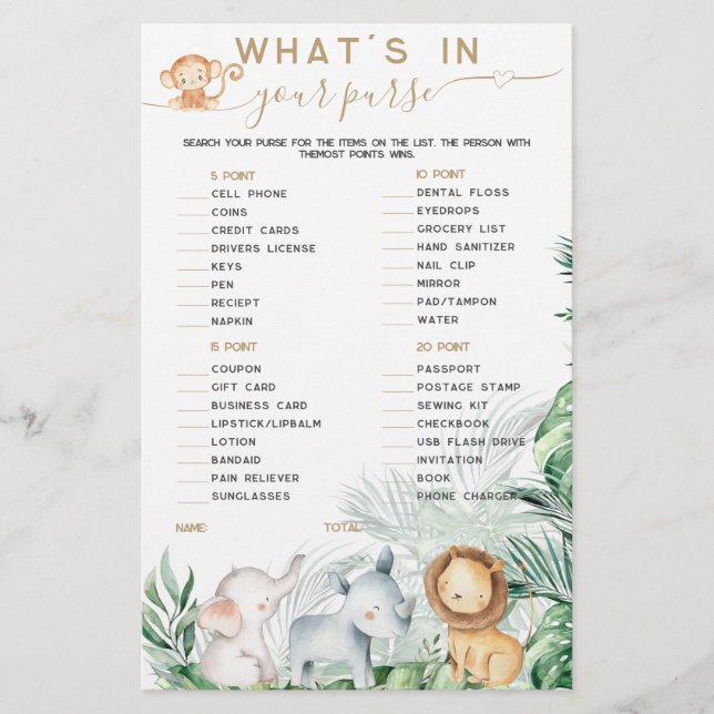 Safari Baby Animal Was ist in Ihrem Purse-Spiel? (Vorderseite)