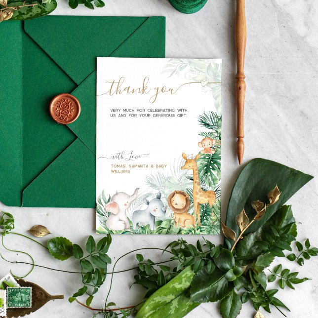 Safari Baby Animals Greenery Baby Shower Dankeskarte (Von Creator hochgeladen)
