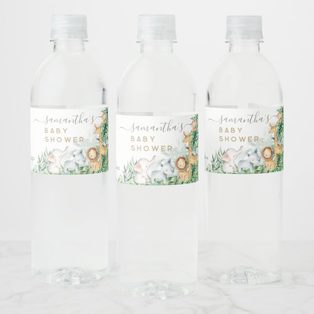 Safari Baby Animals Greenery Baby Shower Wasserflaschenetikett (Flaschen)