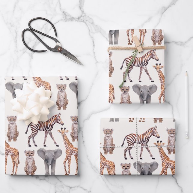 Safari Baby Animals Muster  Geschenkpapier Set (Vorderseite)