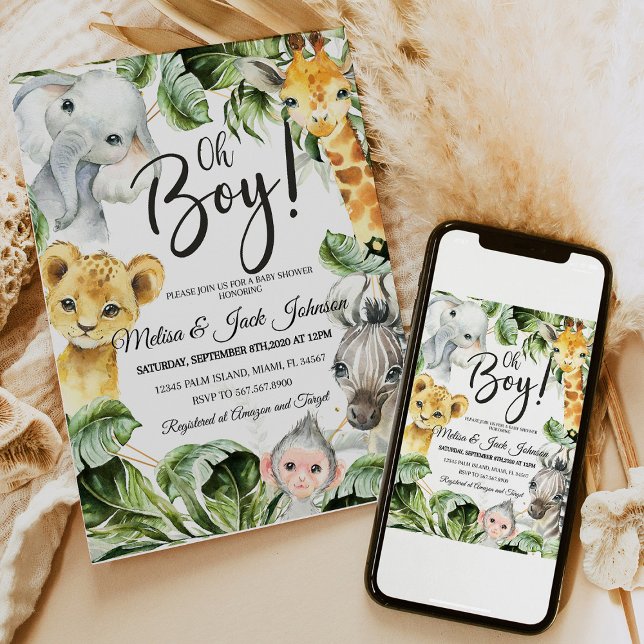 Safari Baby Dusche Einladung Boy, Jungl Wild baby (Safari Baby Shower Baby Boy Shower invitation with jungle animals like lions, giraffes, and elephant)