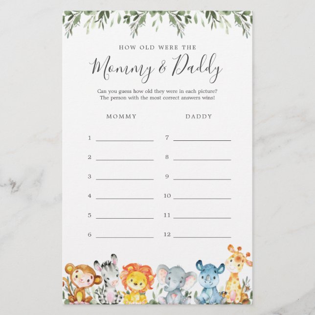 Safari Baby Dusche wie alt waren sie Spielkarte (Vorderseite)