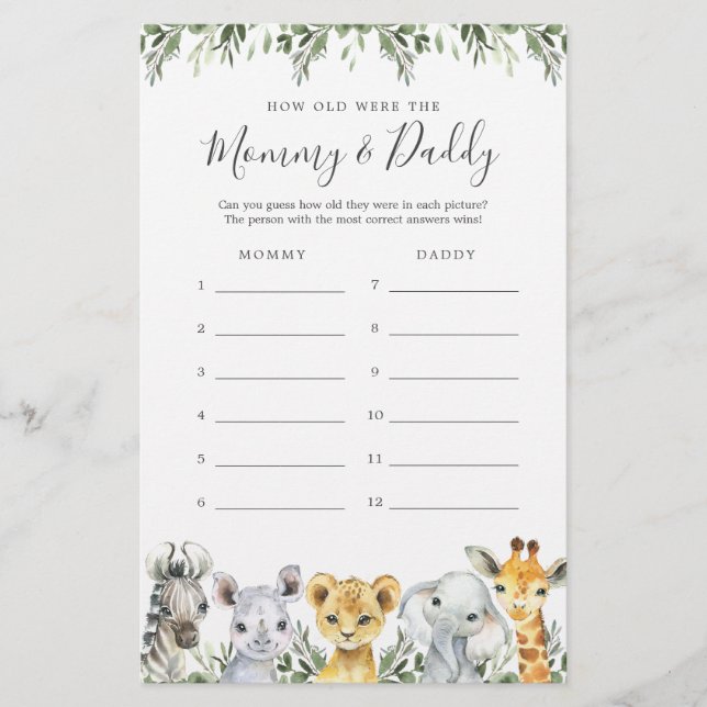 Safari Baby Dusche wie alt waren sie Spielkarte (Vorderseite)