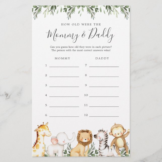 Safari Baby Dusche wie alt waren sie Spielkarte (Vorderseite)