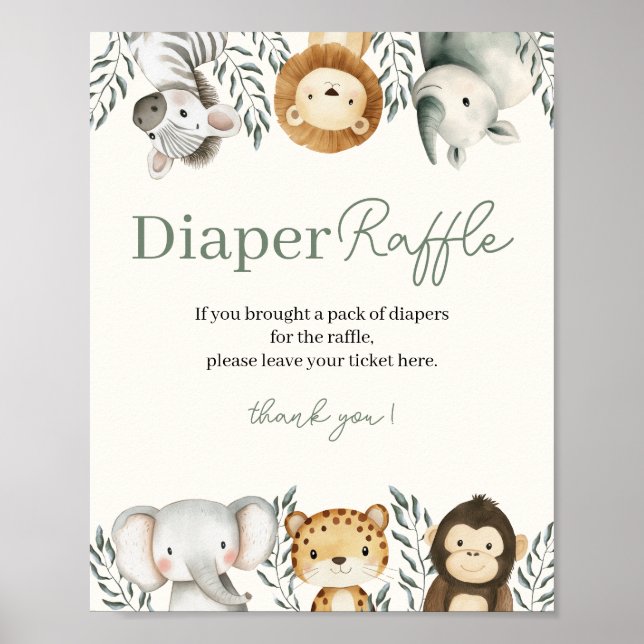 Safari Baby Dusche Windeln Raffle-Zeichen Poster (Vorne)