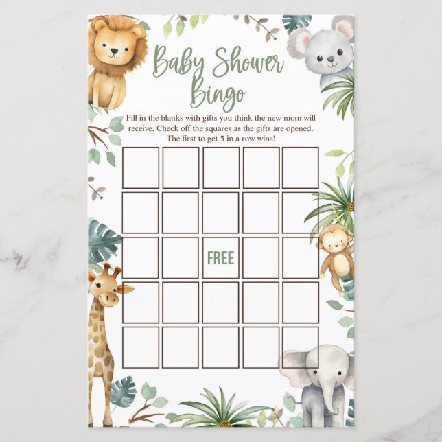 Safari Baby Shower Bingo Cards (Vorderseite)