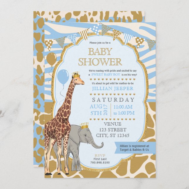 Safari Baby Shower Einladung - Blue Boy (Vorne/Hinten)