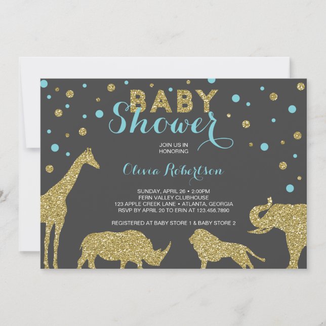 Safari Baby Shower Einladung, Imitats Gold, Aqua Einladung (Vorderseite)