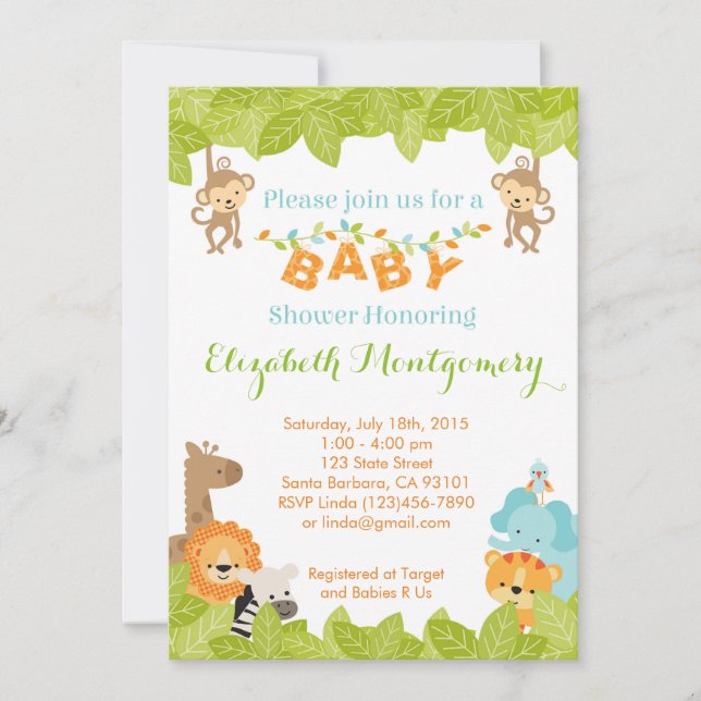 Safari Baby Shower Einladung mit Tieren (Vorderseite)