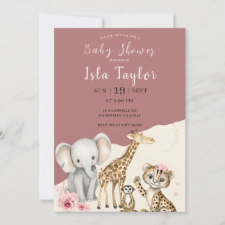 Safari-Baby-Shower-Einladung Rosa Dschungel-Tiere Einladung