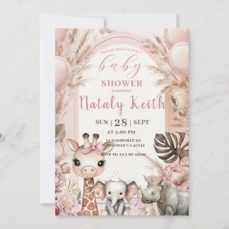 Safari-Baby-Shower-Einladung Rosa Mädchen Dschunge Einladung