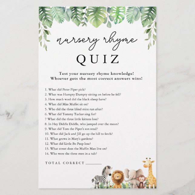 Safari Baby Shower Game Kinderzimmer Rhyme Quiz Fl Flyer (Vorne)