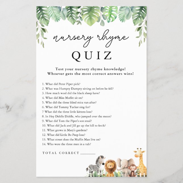 Safari Baby Shower Game Kinderzimmer Rhyme Quiz Fl Flyer (Vorne)