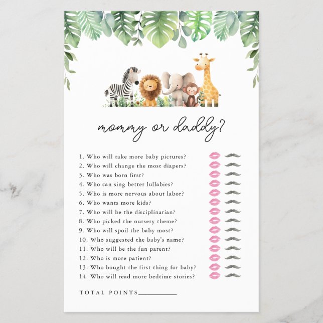 Safari Baby Shower Game - Mommy oder Daddy Flyer (Vorne)