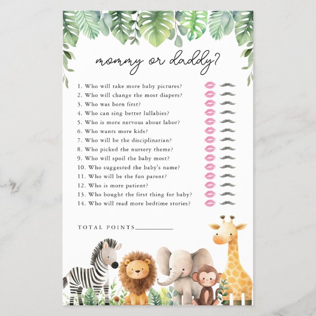Safari Baby Shower Game - Mommy oder Daddy Flyer (Vorne)