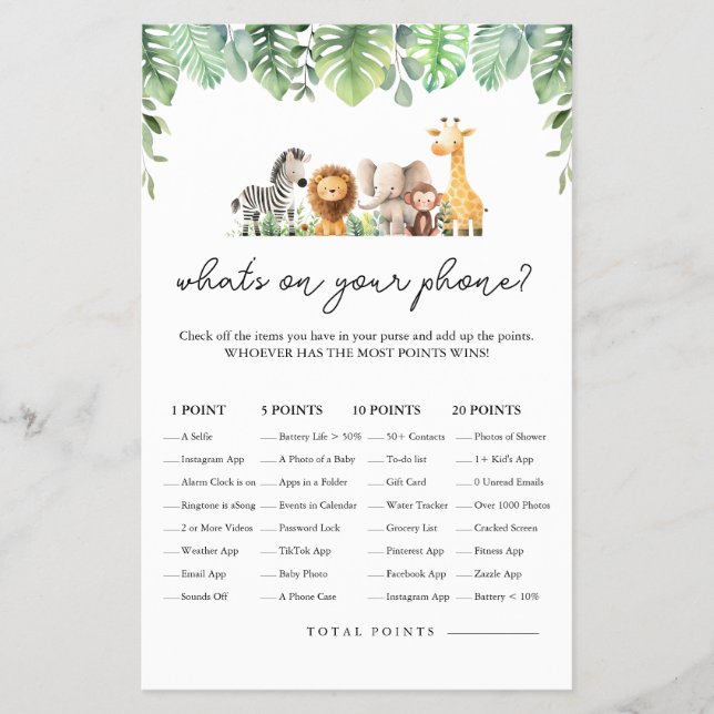 Safari Baby Shower Game - Was ist auf Ihrem Telefo Flyer (Vorne)