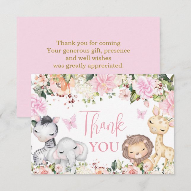 Safari Baby Shower Girl Danke Note Card Mitteilungskarte (Vorne/Hinten)