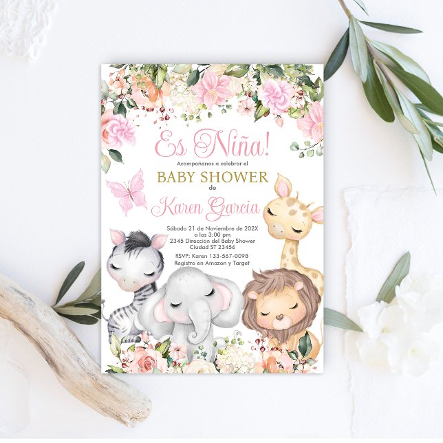 Safari Baby Shower Girl Spanische Einladung (Von Creator hochgeladen)