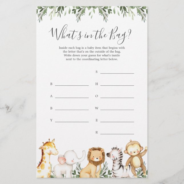 Safari Baby Shower Guess Was ist im Bag Game? (Vorderseite)