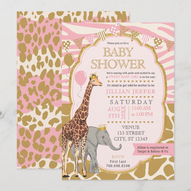 Safari Baby Shower Invitation (Girl Pink) Einladung (Vorne/Hinten)