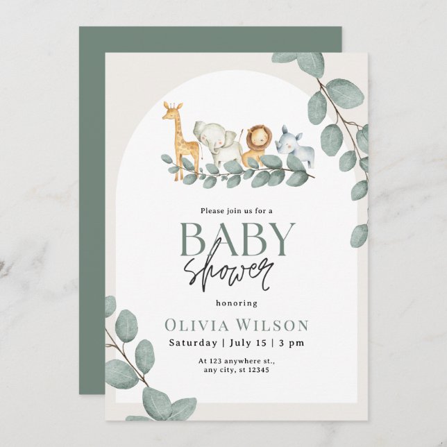 Safari Baby Shower Invite, Greenery Jungle Neutral Einladung (Vorne/Hinten)