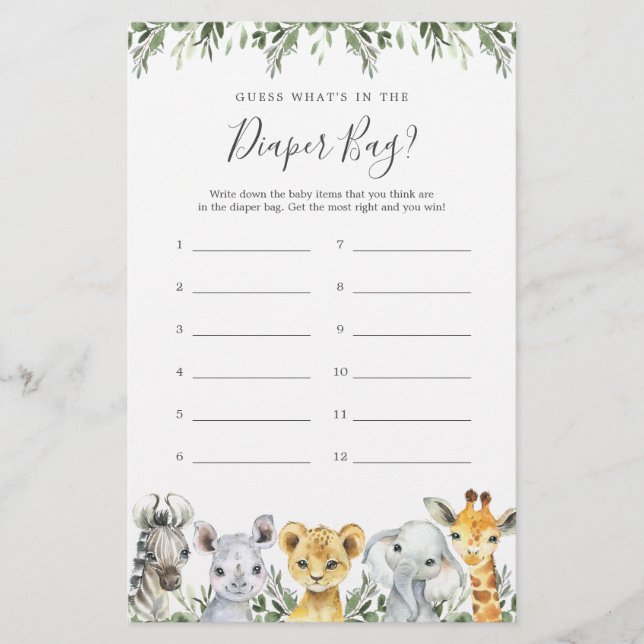 Safari Baby Shower rät, was in der Windelbeutel is (Vorderseite)