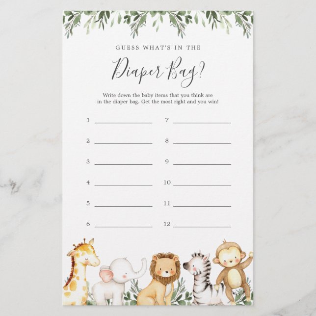 Safari Baby Shower rät, was in der Windelbeutel is (Vorderseite)