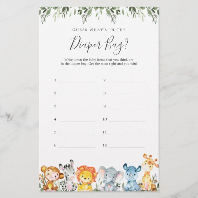 Safari Baby Shower rät, was in der Windelbeutel is (Vorderseite)