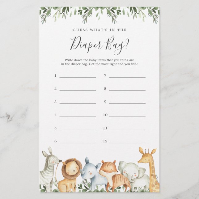 Safari Baby Shower rät, was in der Windelbeutel is (Vorderseite)