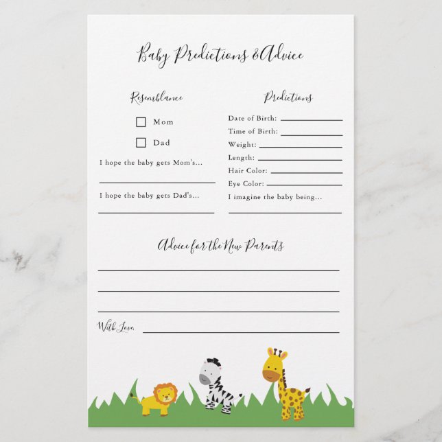 Safari Baby Shower Vorhersagen und Advice Game Flyer (Vorne)