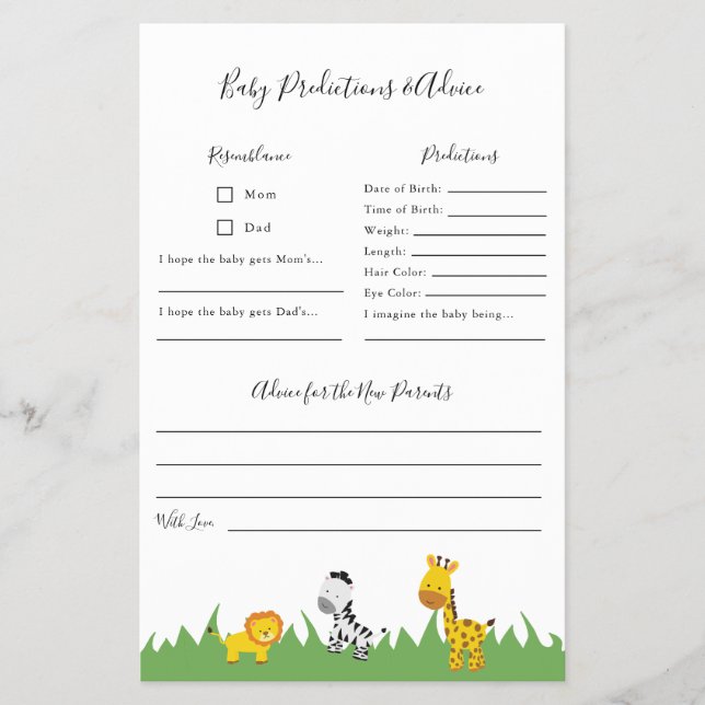 Safari Baby Shower Vorhersagen und Advice Game Flyer (Vorne)