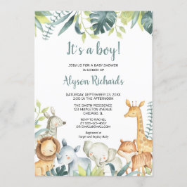 Safari-Baby-Tiere Es ist eine Boy-Gründusche Einladung