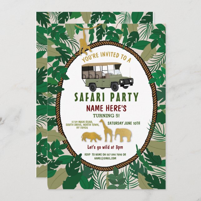 Safari Birthday Party Animals Wild Truck Jungle Einladung (Vorne/Hinten)