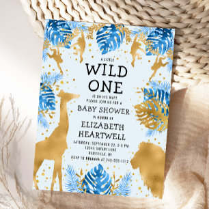 Safari Blue Gold Boy Baby Dusche Einladung Postkarte
