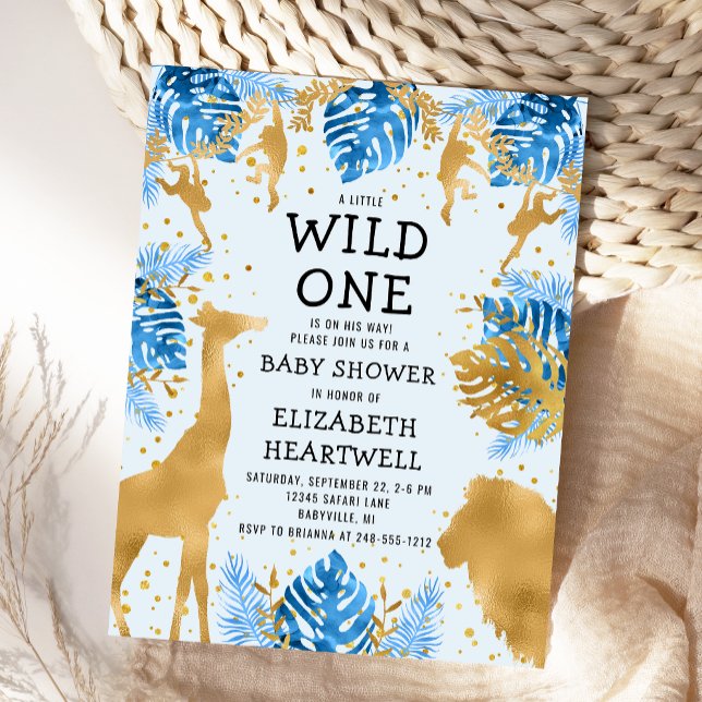 Safari Blue Gold Boy Baby Dusche Einladung Postkarte (Von Creator hochgeladen)