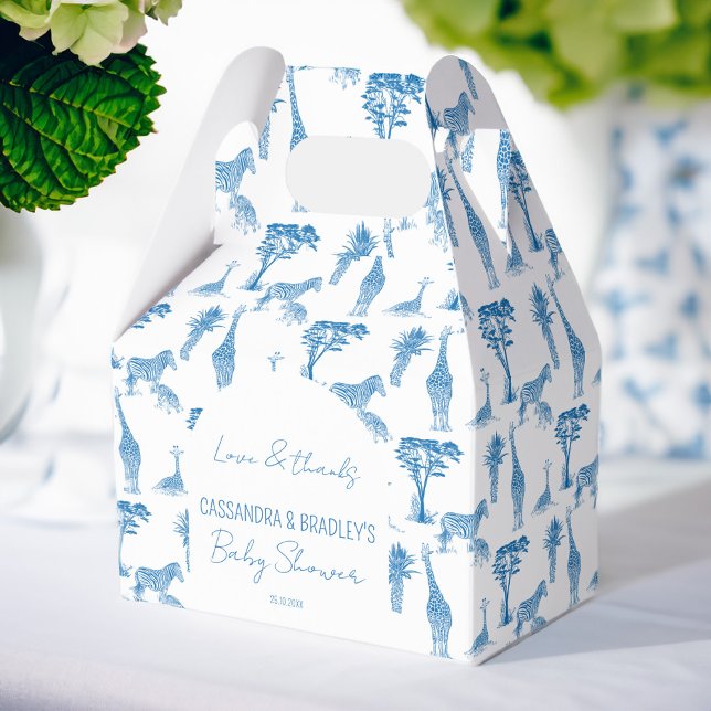Safari-Blue-Toile-Giraffe-Babydusche mit Monogramm Geschenkschachtel (Safari blue toile de jouy giraffe African animals baby shower monogrammed personalized favor boxes)