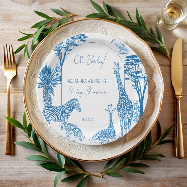Safari-Blue-Toile-Giraffe-Babydusche mit Monogramm Pappteller (Safari blue toile de jouy giraffe African animals baby shower monogrammed personalized paper plates )